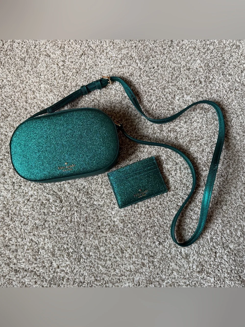 Kate Spade New York green glitter crossbody bag and card holder set